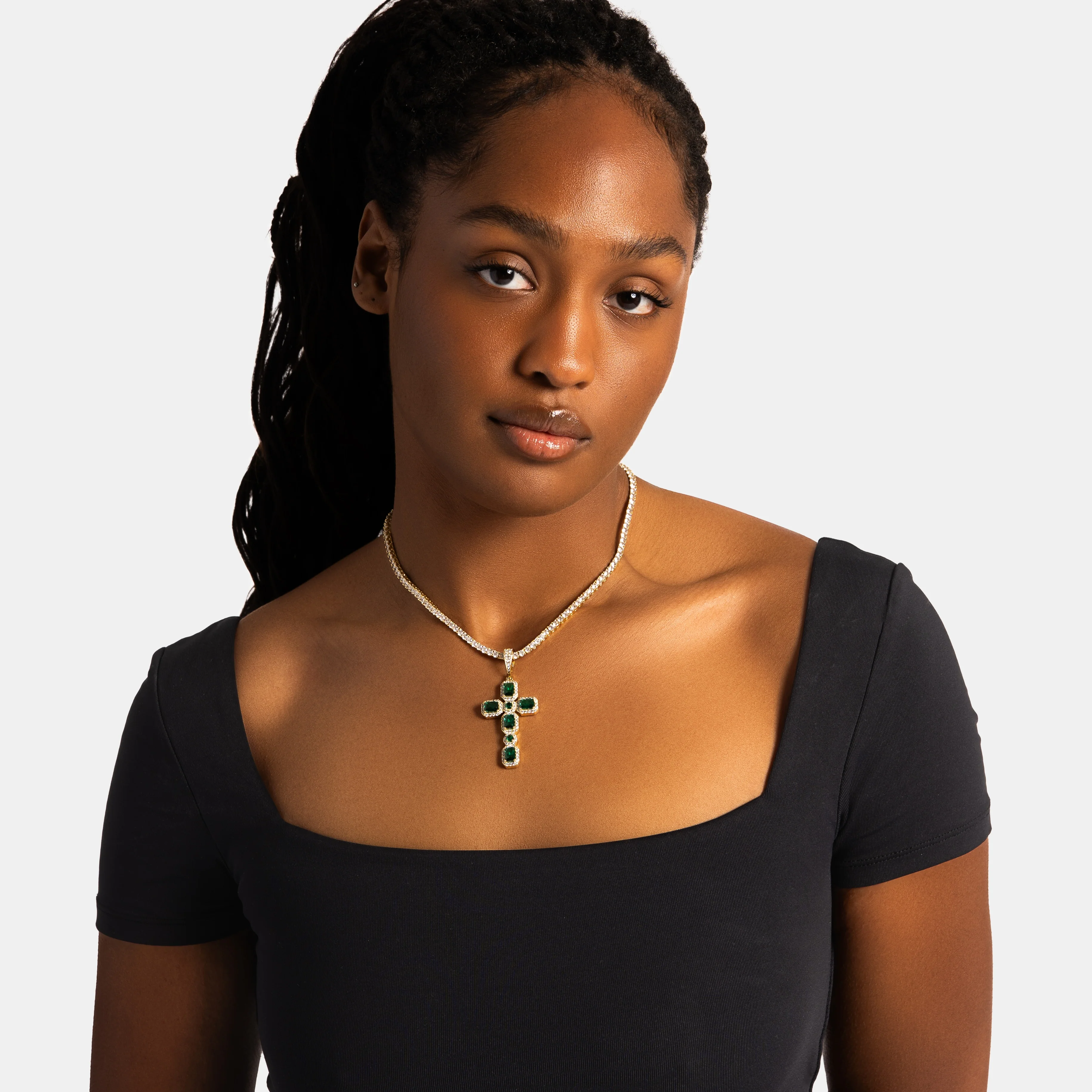 Emerald Cluster Cross Pendant Gold - Image 3