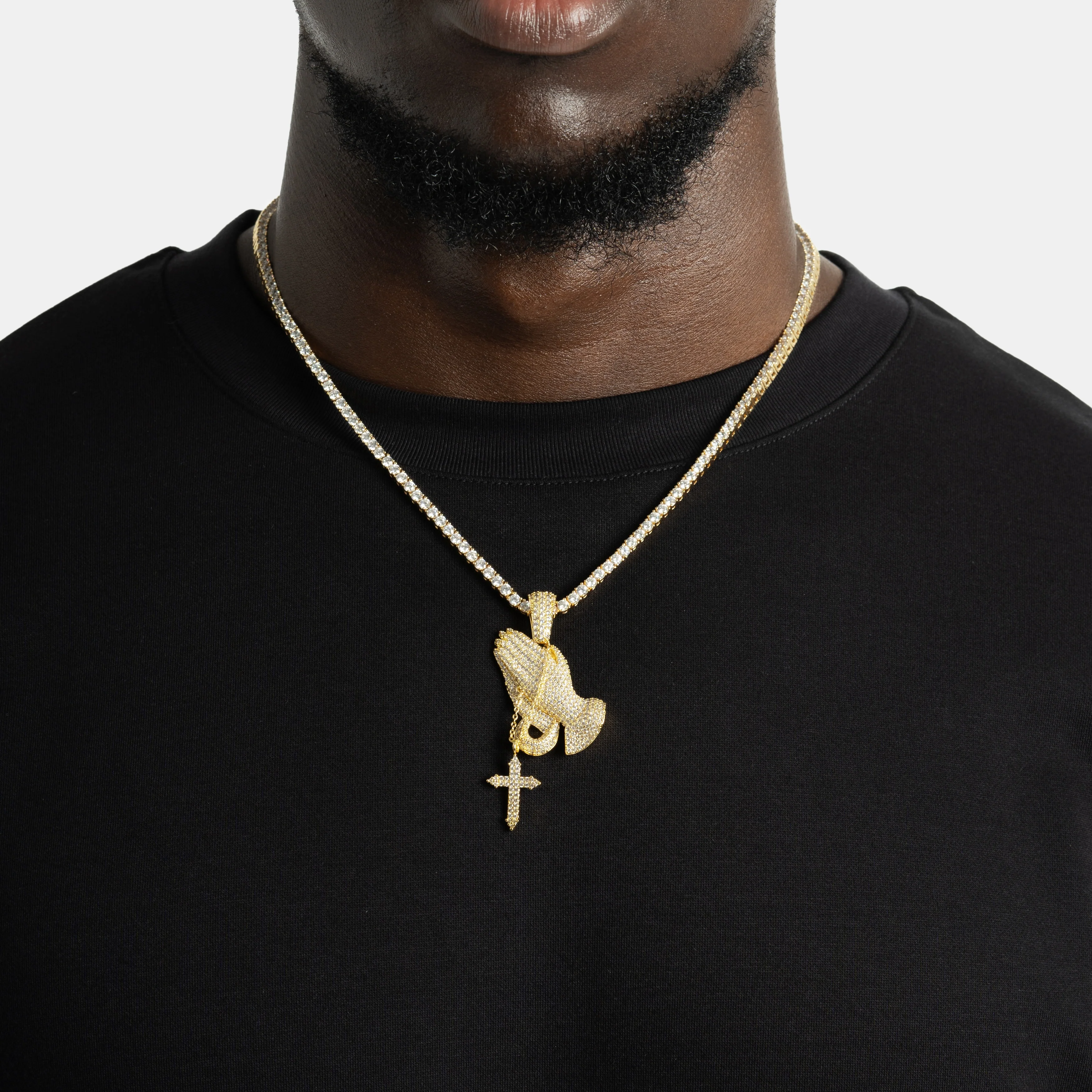 Iced Praying Hand Pendant Gold - Image 3