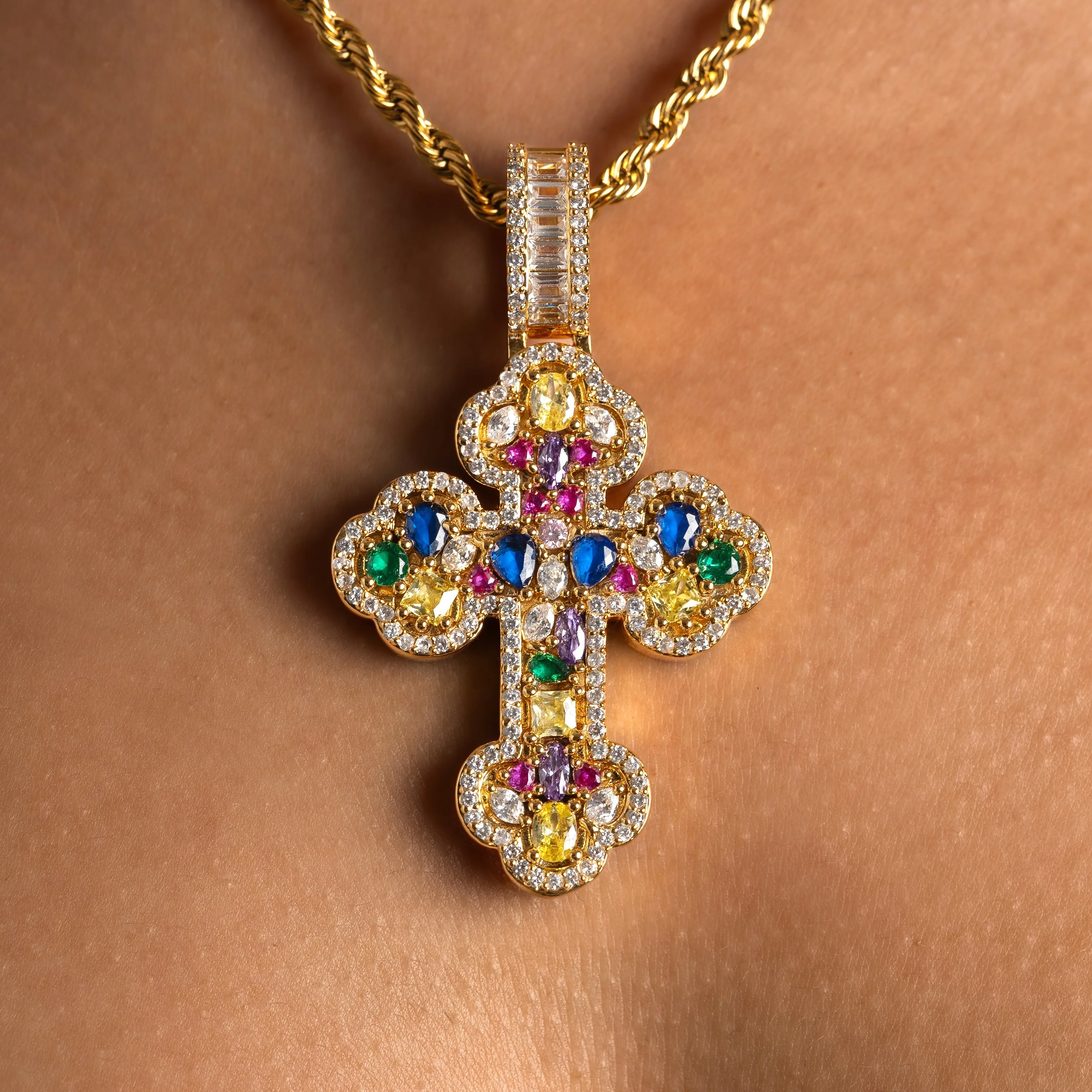 Mosaic Gemstone Cross Pendant Gold