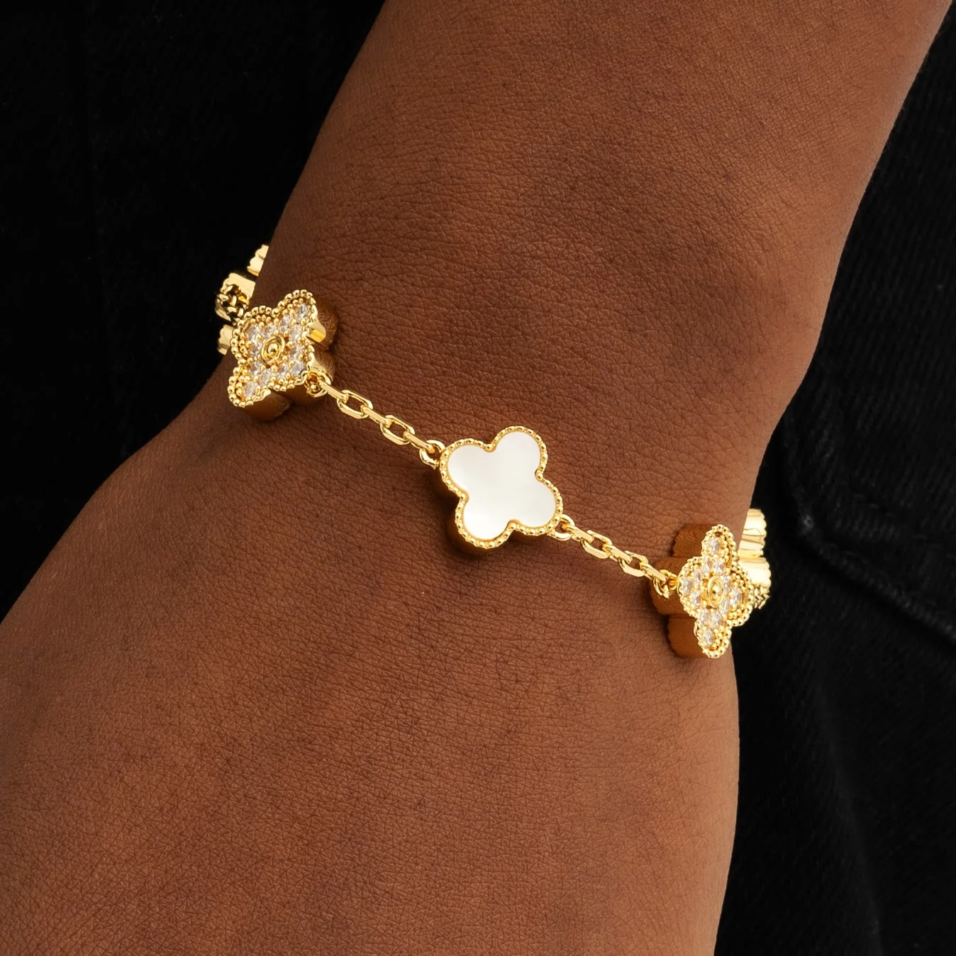Iced Pearl Clover Bracelet Gold - Image 5